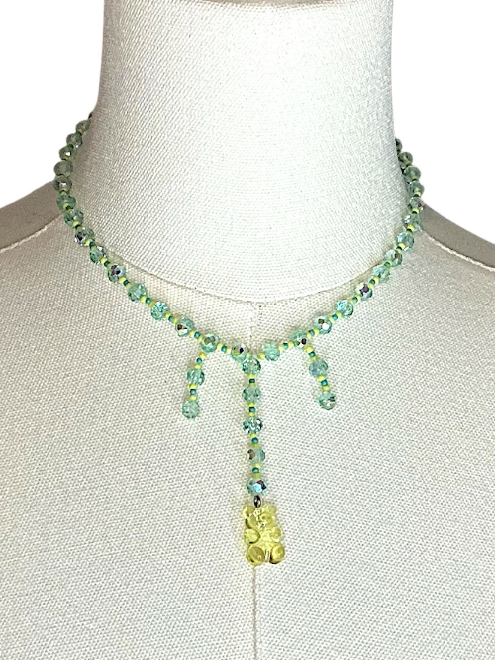 Green Crystal Beaded Necklace with Yellow Gummy Bear Pendant Handmade